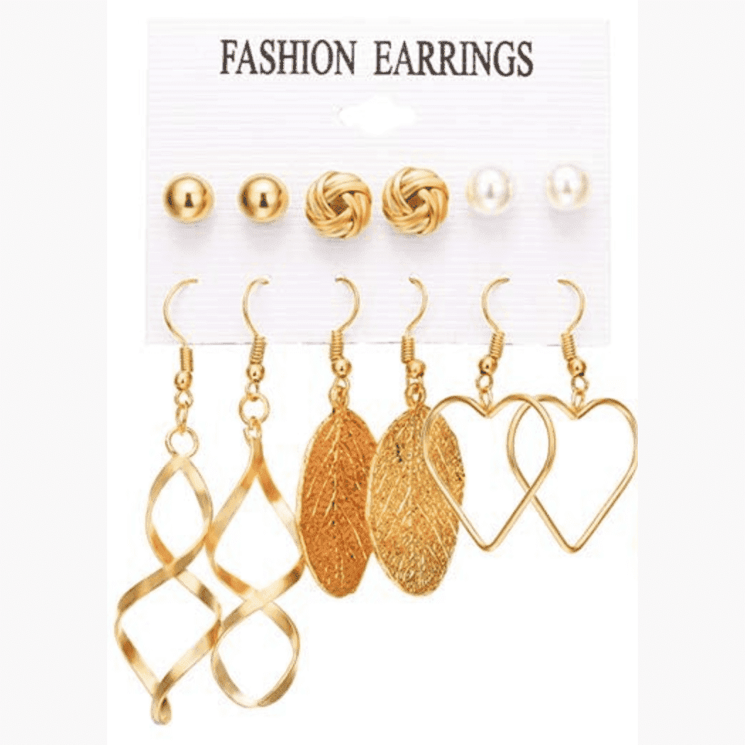 Juego de 6 aretes dorados, estilo 14: 3 pequeños y 3 largos