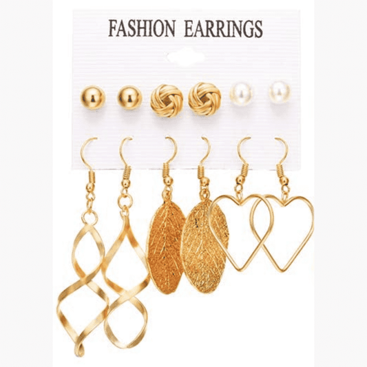 Juego de 6 aretes dorados, estilo 14: 3 pequeños y 3 largos