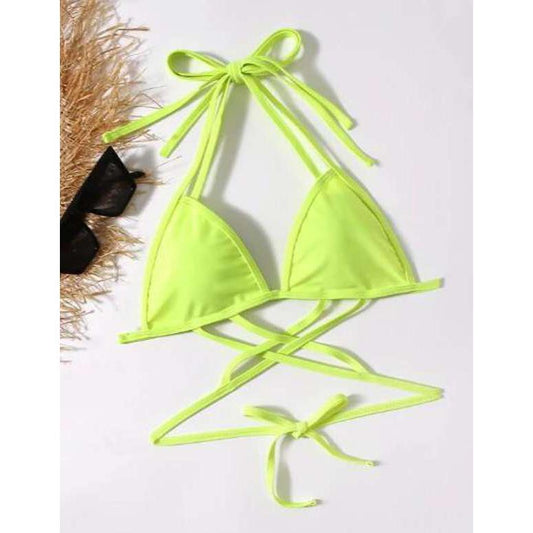 Vestido baño, bikini top triangular con tiras cruzadas, color: amarillo neón