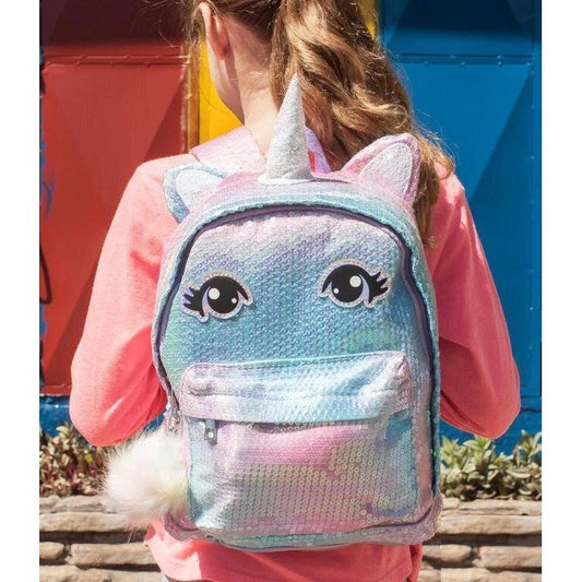 Bolso de espalda Unicornio con lentejuelas, color celeste, rosado lila