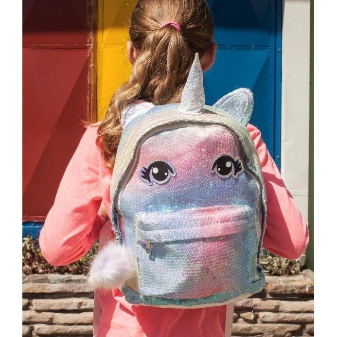 Bolso de espalda Unicornio con lentejuelas, color rosado celeste