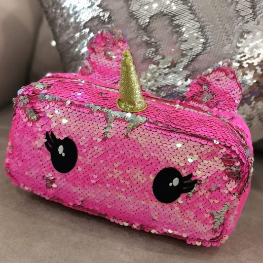 Cartuchera y/o cosmetiquera de Unicornio 🦄, color fucsia plateado con lentejuelas