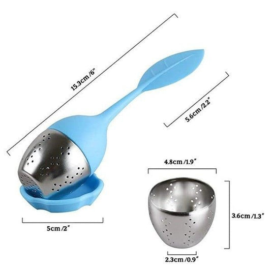 Infusor de té, con mango en forma hoja bandeja antigoteo.