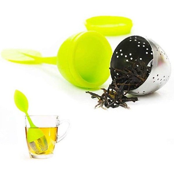 Infusor de té, con mango en forma hoja bandeja antigoteo.