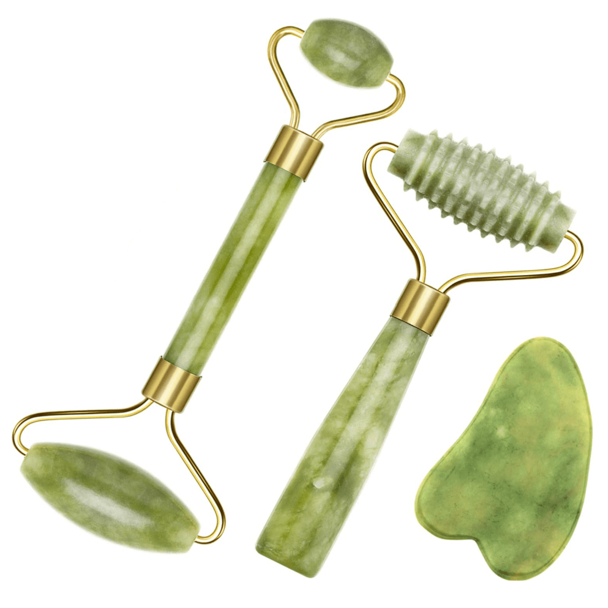 Kit de dos rodillos en Jade con gua sha para el rostro, ojos, cuello y cuerpo.