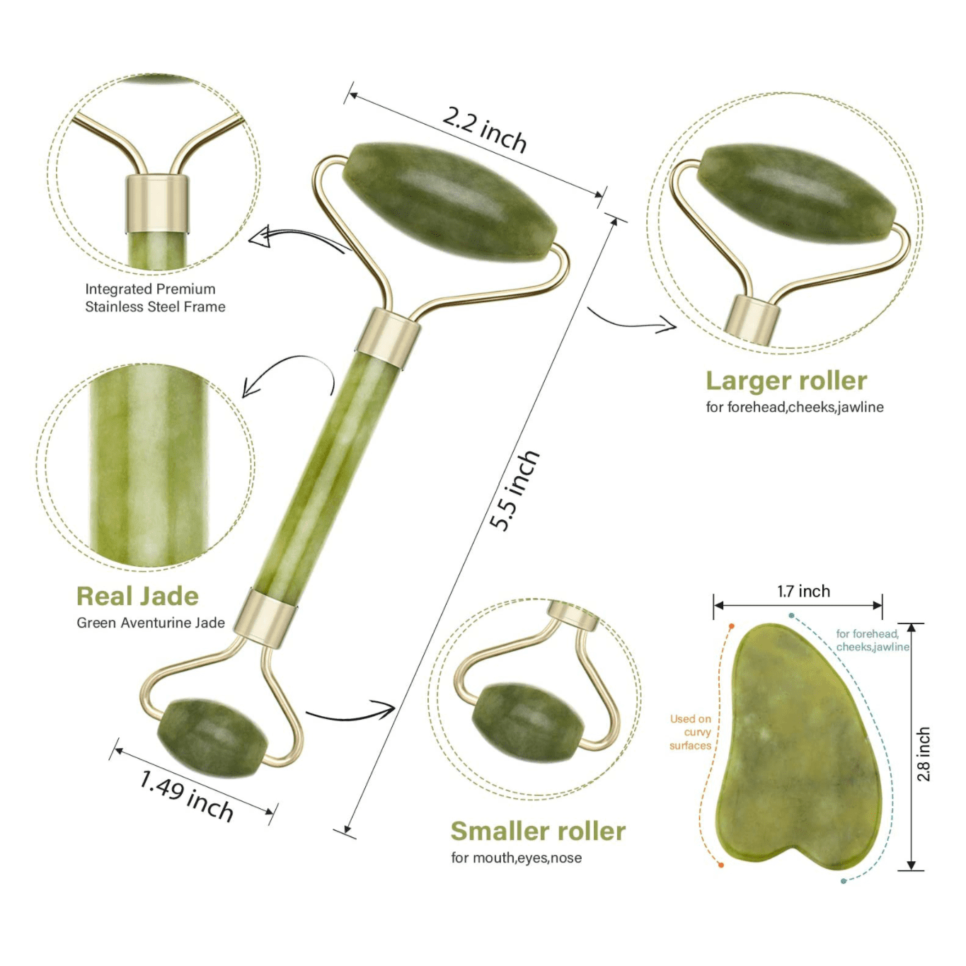 Kit de dos rodillos en Jade con gua sha para el rostro, ojos, cuello y cuerpo.