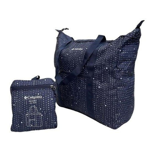 Columbia Bolso de Mano Tote Bag plegable Packable tote color: Azul con puntos blancos.