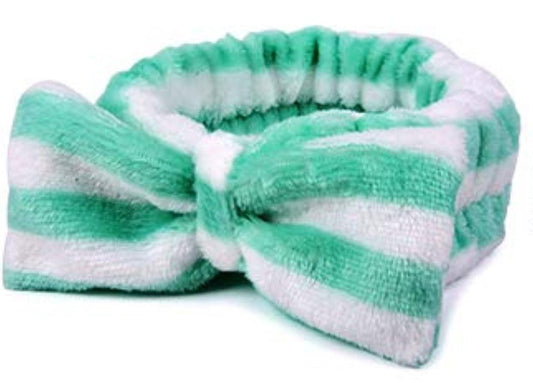 Vincha para maquillaje, rayas verde y blanco.