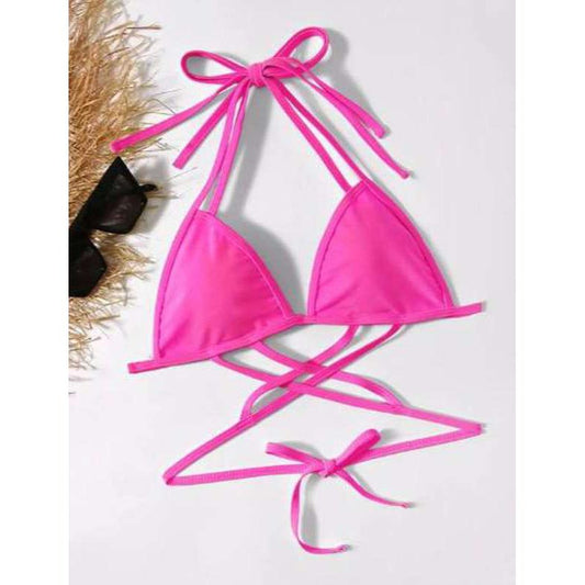 Vestido baño, bikini top triangular con tiras cruzadas, color: fucsia