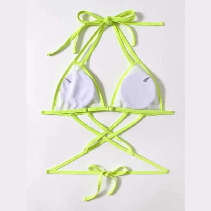 Vestido baño, bikini top triangular con tiras cruzadas, color: amarillo neón