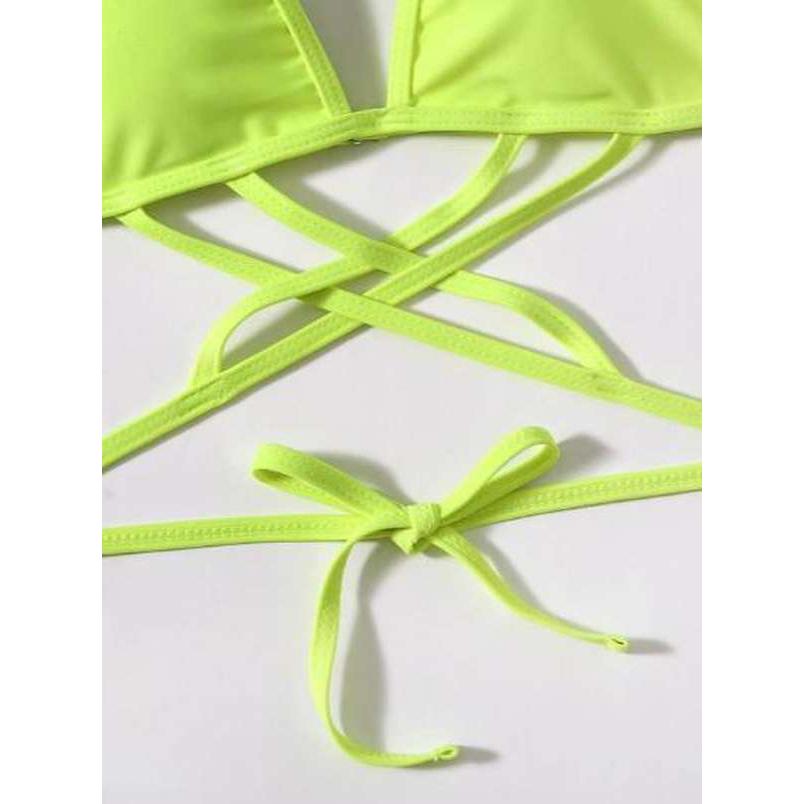 Vestido baño, bikini top triangular con tiras cruzadas, color: amarillo neón