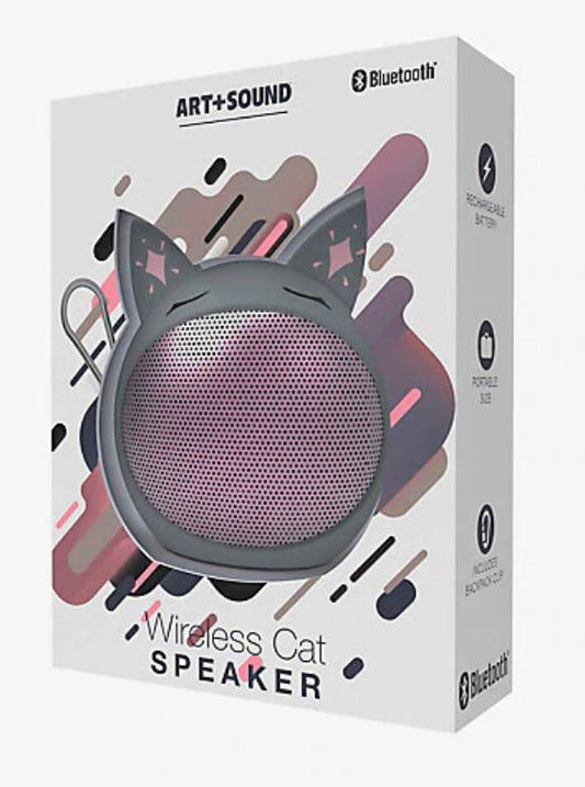 Parlante bluetooth, en forma de gatito, color gris con rosado.