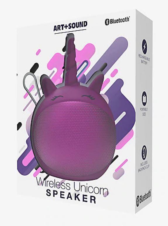 Parlante bluetooth, en forma de unicornio, color morado.