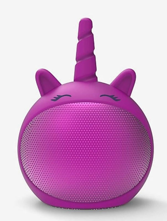 Parlante bluetooth, en forma de unicornio, color morado.
