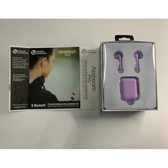 Bluetooth earbuds con cargador color morado