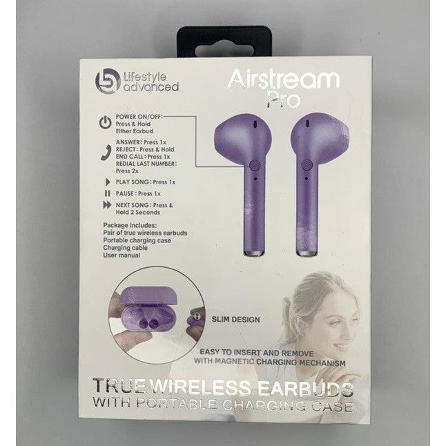 Bluetooth earbuds con cargador color morado