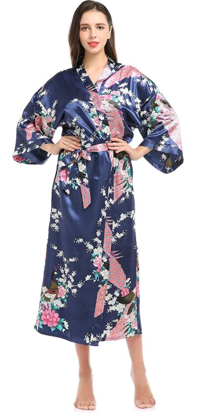 Bata larga, estilo Kimono para mujer, color azul con pavorreal y flores M
