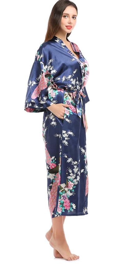 Bata larga, estilo Kimono para mujer, color azul con pavorreal y flores M