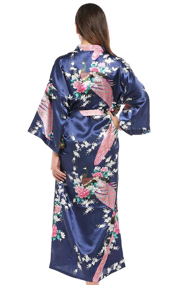 Bata larga, estilo Kimono para mujer, color azul con pavorreal y flores M