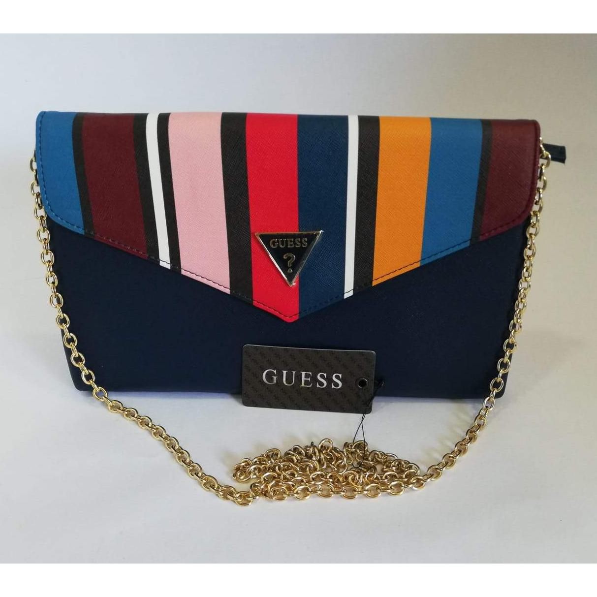 Bolso Guess, color azul con rayas de colores y cadena dorada - The Gift Shop Costa Rica