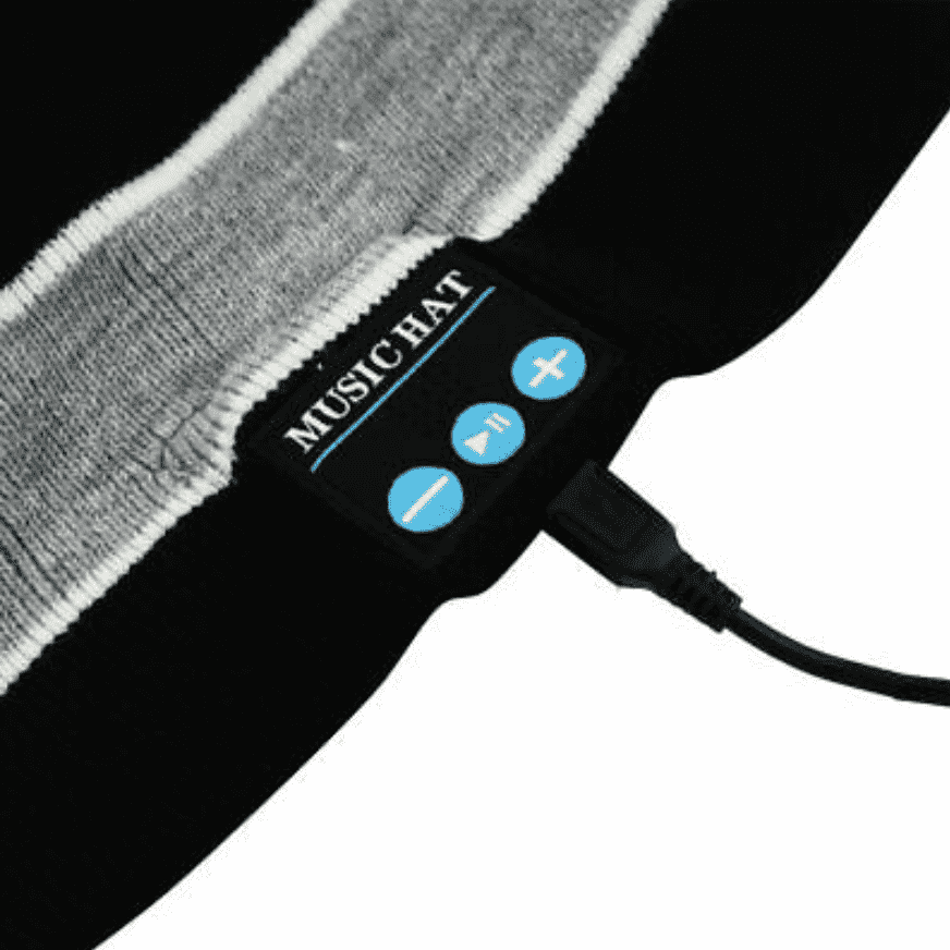 Gorro con audífonos integrados, varias funciones incluido bluetooth, color: negro con raya gris. - The Gift Shop Costa Rica