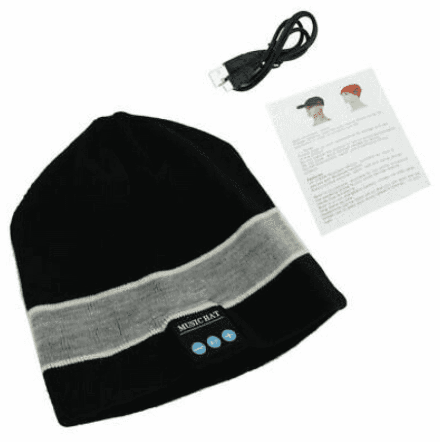 Gorro con audífonos integrados, varias funciones incluido bluetooth, color: negro con raya gris. - The Gift Shop Costa Rica
