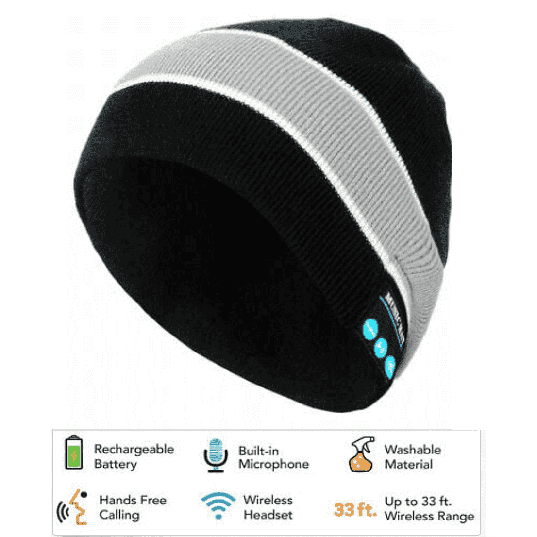 Gorro con audífonos integrados, varias funciones incluido bluetooth, color: negro con raya gris. - The Gift Shop Costa Rica