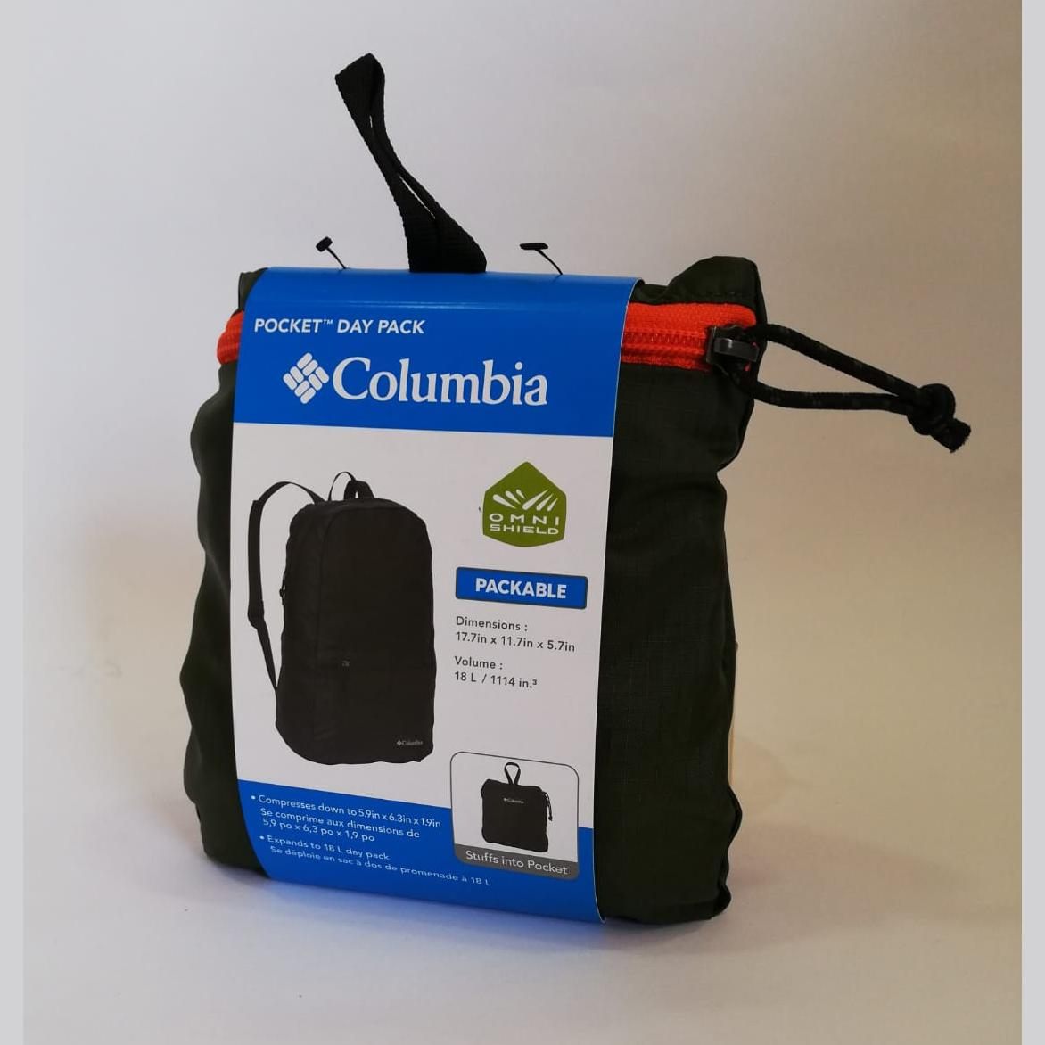 Salveque de bolsillo Columbia (Pocket day pack), color verde con zipper rojo. - The Gift Shop Costa Rica
