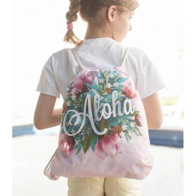 Bolso de espalda en tela, color rosado con diseño Aloha