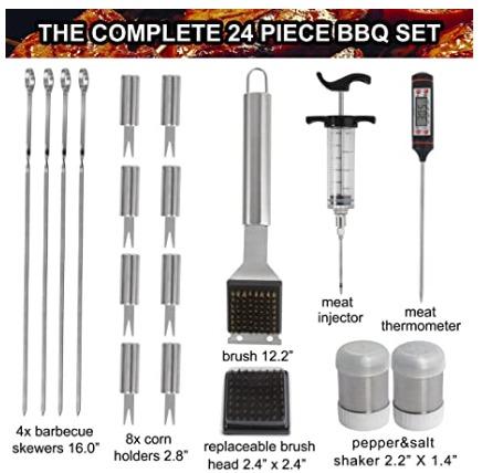 Grilljoy - Juego de 24 accesorios para parrilla con termómetro - Acero Inoxidable - The Gift Shop Costa Rica